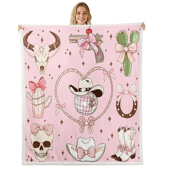 Western Cowgirl Throw Blanket For Bedroom Western Boots Sherpa Blanket 30"X40" Kawaii Princess Pink Bowknots Fleece Blanket Dreamy Fairy Tale Bow Starry Flannel Blanket