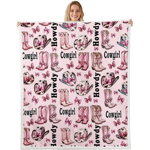 Western Cowgirl Throw Flannel Blanket,Princess Bowknot Kawaii Pink Bow-tie Fleece Throw Blanket for Home Decor Sofa Couch,Rustic Cowhide Print Cowgirl Boots Cap Fleece Blanket,40"x50"
