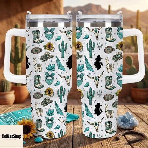 Western Cowgirl Tumbler 40oz, Cactus Boots Skull Mug, Coastal Cowgirl Tumbler with Handle, Country Western Gift, Ranch Style Tumbler
