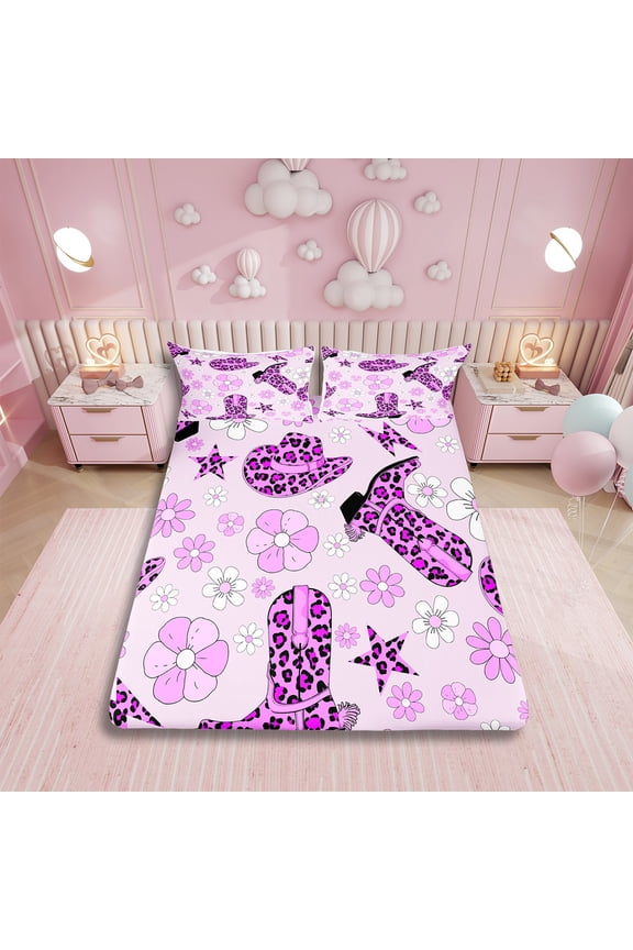 Western Cowgirl Twin Bed&nbsp;Sheets Set,Purple Leopard Print Bedding Set for Girls Kids Room Decor,Groovy Cowgirl Boots Hat Sheets Rustic Country Floral Fitted Sheet Set 3Pcs