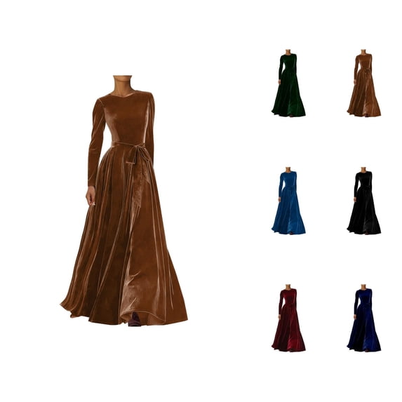 Western Cowgirl Velvet Dress for Women Long Sleeve Crewneck Belted Flowy Maxi Dresses Wedding Guest Dress
