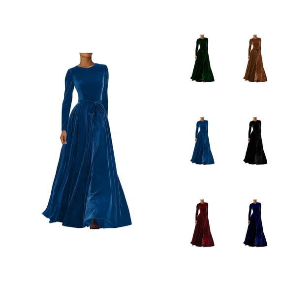 Western Cowgirl Velvet Dress for Women Long Sleeve Crewneck Belted Flowy Maxi Dresses Wedding Guest Dress