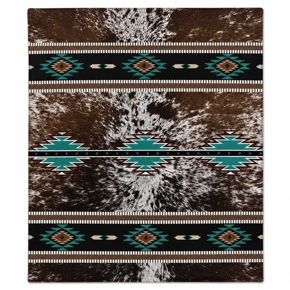 Western Cowhide Aztec Fleece Blanket – Southwestern Geometric Print, Soft 280GSM Throw for Sofa & Couch
