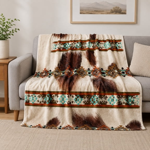 Western Cowhide Aztec Fleece Throw Blanket – Farmhouse Longhorn Print, Soft 280GSM, 4 Sizes