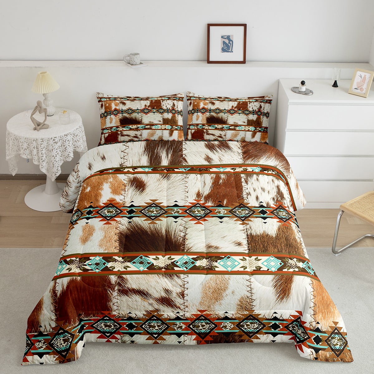 Western Cowhide Bedding Set Geometry Ethnic Tribal Arrow Aztec Decor