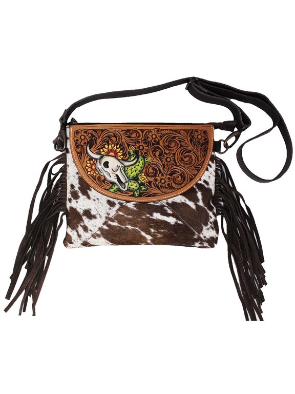 Western Cowhide Cowskull Cactus Floral Tooled Leather Purse Shoulder Crossbody Bag w/ Fringe 18FKH19