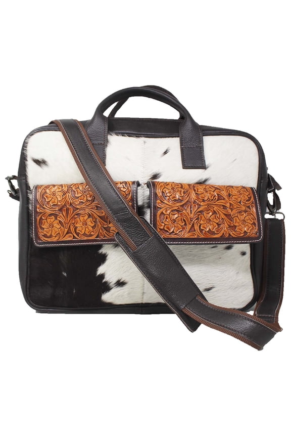 Western Cowhide Floral Tooled Pebbled Leather Business Portfolio Messenger Bag 18FKM03