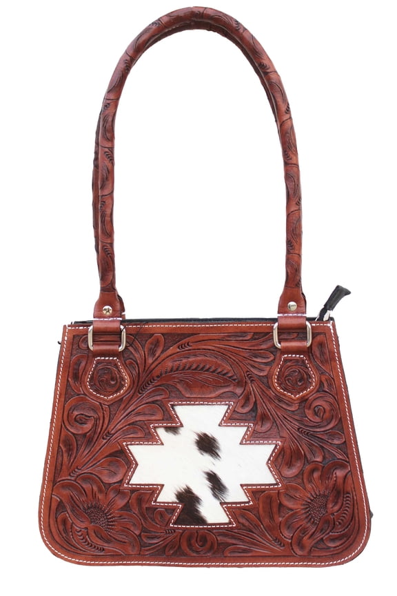 Western Cowhide Inlay Floral Tooled Genuine Leather Purse Shoulder Handbag 18FKH01