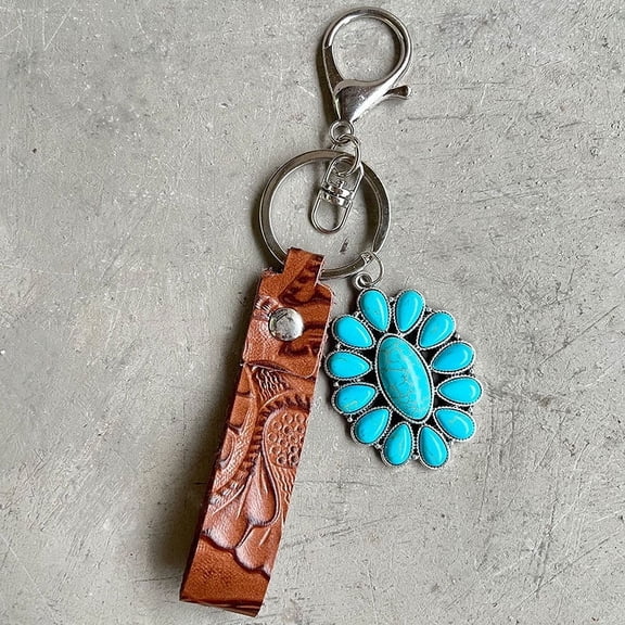 Western Cowhide Leather Keychain Turquoise Pumpkin Flower Pendant Embossed Texture Retro Keyring Cowgirl Purse Charm