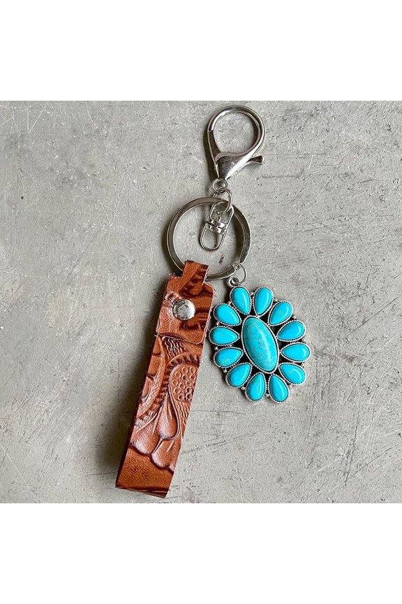 Western Cowhide Leather Keychain Turquoise Pumpkin Flower Pendant Embossed Texture Retro Keyring Cowgirl Purse Charm