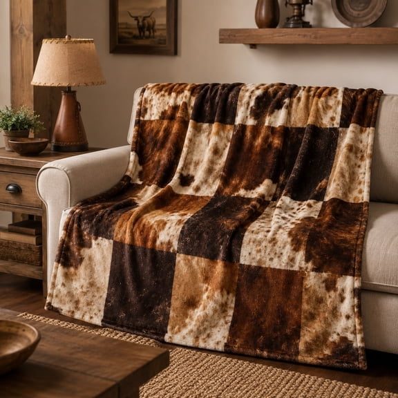 Western Cowhide Patchwork Fleece Blanket, Soft Polyester Throw, 30X40IN-60X80IN