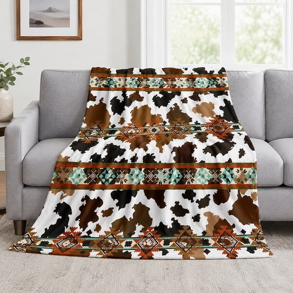 Western Cowhide Print Fleece Blanket, Polyester Throw for Sofa or Living Room