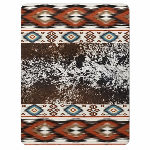 Western Cowhide Print Fleece Blanket, Southwestern Aztec Pattern Throw, Polyester