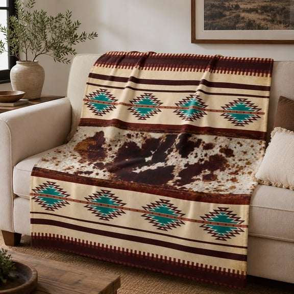 Western Cowhide Print Fleece Blanket, Southwestern Throw, Polyester Fleece, 30X40IN-60X80IN