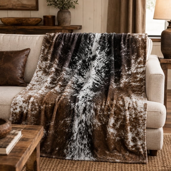 Western Cowhide Print Fleece Throw Blanket, Brown 280 GSM Polyester