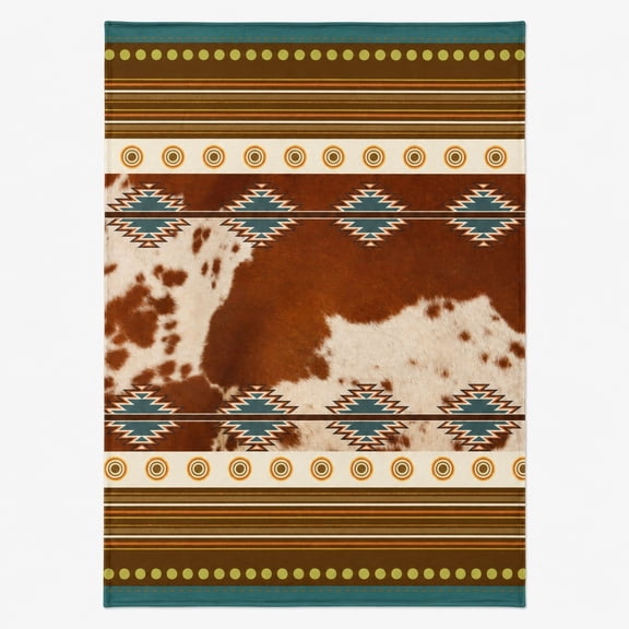 Western Cowhide Print Fleece Throw Blanket, Southwestern Aztec Boho Cozy Blanket for Couch, Ranch Farmhouse Home Decor