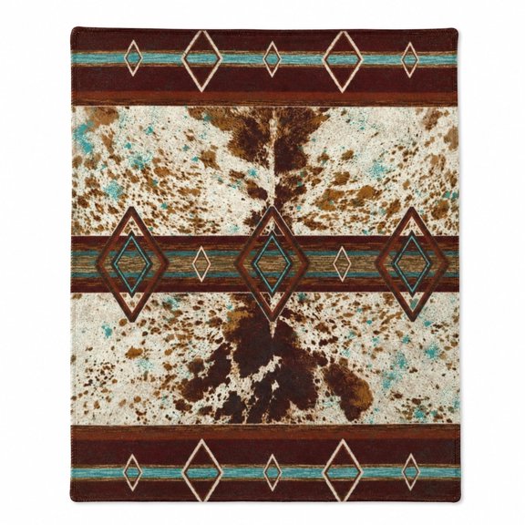 Western Cowhide Print Fleece Throw Blanket, Southwestern Aztec Boho Ranch Farmhouse Decor, Soft Cozy Couch Blanket