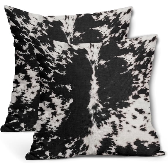 Western Cowhide Print Pillow Covers 16X16 Inch Set of 2 Black White Cow Spots Decorative Pillow Cases Farmhouse Pillowcase Linen Cushion Case Rustic Home Decor for Couch Sofa Porch Outdoor