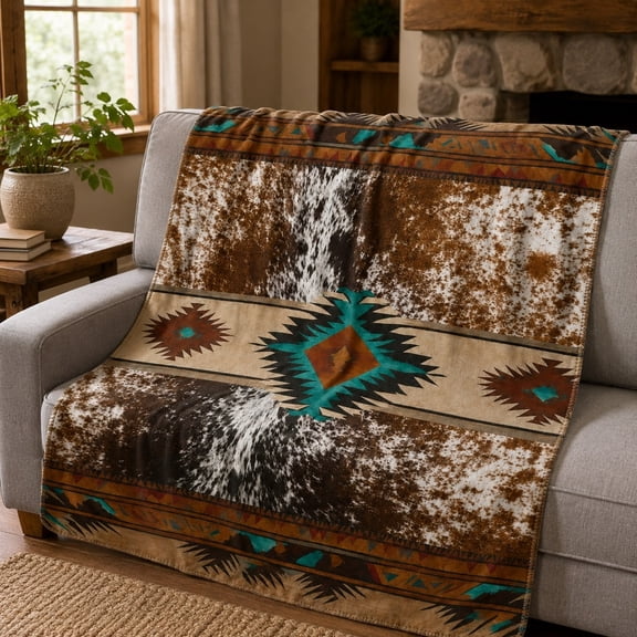 Western Cowhide Southwestern Fleece Throw Blanket, Aztec Print Cozy Couch Decor, Soft Home Gift, 4 Sizes