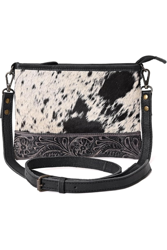 Western Cowhide Tooled Leather Small Crossbody Bag Cowgirl Fashion Purse with Adjustable Detachable Strap