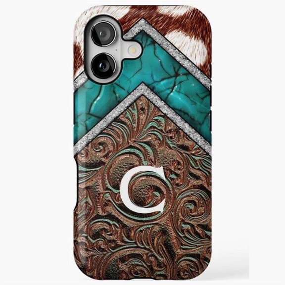 Western Cowhide, Turquoise Stone and Tooled Leather Monogram C Tough Phone Case, Polycarbonate and TPU