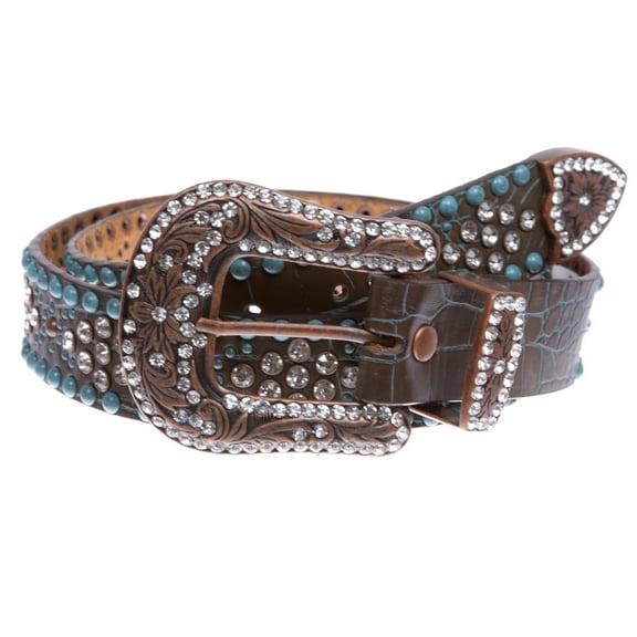 Western Croco Print Rhinestone & Turquoise Studded Leather Belt