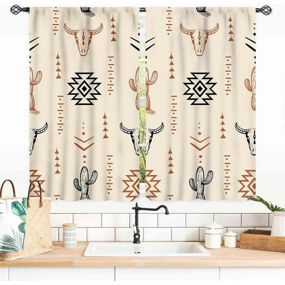 Western Curtains for Bedroom, Rustic Cow Print Southwest Tribal Ethnic Cowboy Aztec Bull Skull Farmhouse Country Boho Window Drapery Treatments for Living Room Bathroom Kitchen, 27.5x36 Inch