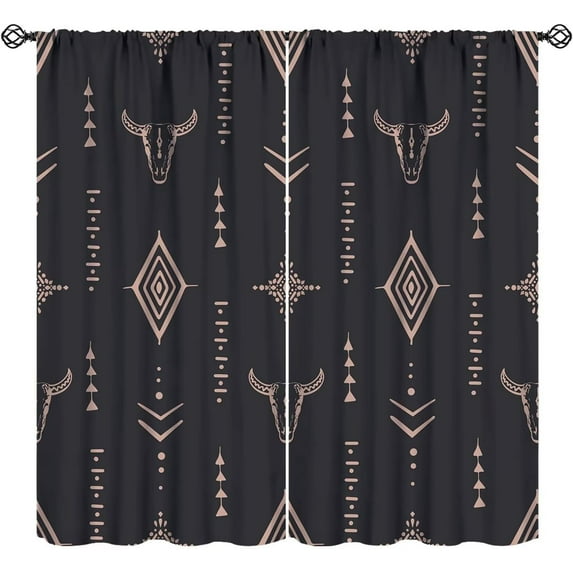 Western Curtains Bull Skull Boho Aesthetic Aztec Art Print for Bedroom Living Room Kitchen Decor Rod Pocket Blackout Window Drape 42x63in