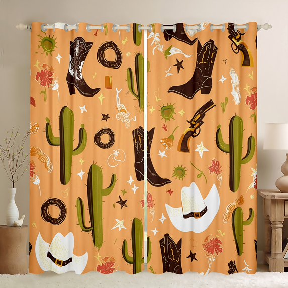 Western Curtains,Cowboy Boot Hat Curtains 30%-50% Blackout Bedroom Decor,West Style Country Curtains Cactus Succulent Desert Window Curtains 2 Panels 42"Wx63"L