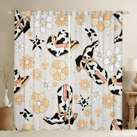 Western Curtains,Cowgirl Boots Hat Curtains 30%-50% Blackout Living Room Decor,Rustic Farmhouse Milk Cow Print Curtains Orange Groovy Flower Window Curtains 2 Panels 52"Wx84"L