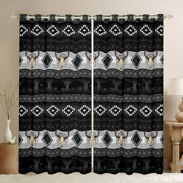 Western Curtains,Gothic Bull Skull 30%-50% Blackout Curtains Tribe Arrow Aztec Curtains & Drapes Highland Cow Farm Animals Bohemian Exotic Geometry Diamond Western Decor,Black