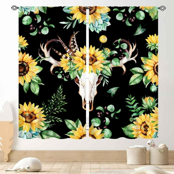 Western Curtains for Living Room, Retro Sunflower Yellow Flower Tribal Bull Skull Farmhouse Cowboy Blackout Drape Treatments for Bedroom Kitchen Bathroom Window 2 Panels Set, 42"x63" Inch