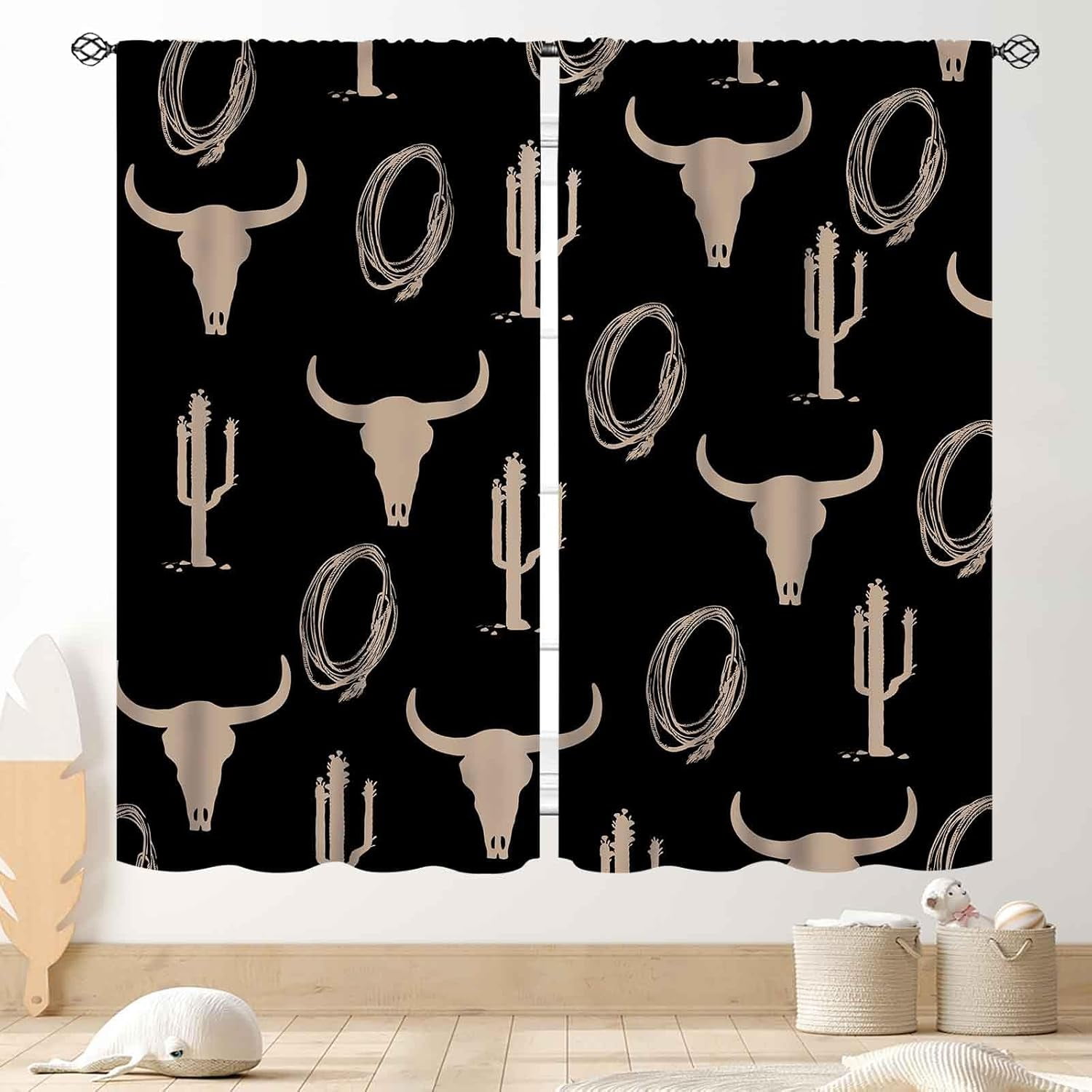 Western Cowboy Shower Curtain 70x70 Inches | Cow Skull Cactus Farmhouse Bathroom Decor, Waterproof Polyester With Hooks