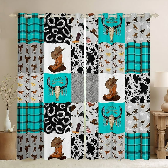 Western Curtains,Southwestern Cowhide 30%-50% Blackout Curtains for Women,Exotic Bull Skull Curtains & Drapes Farm Animals Horse Cowboy Hat Men Horseshoe Teal Buffalo Plaid Decor