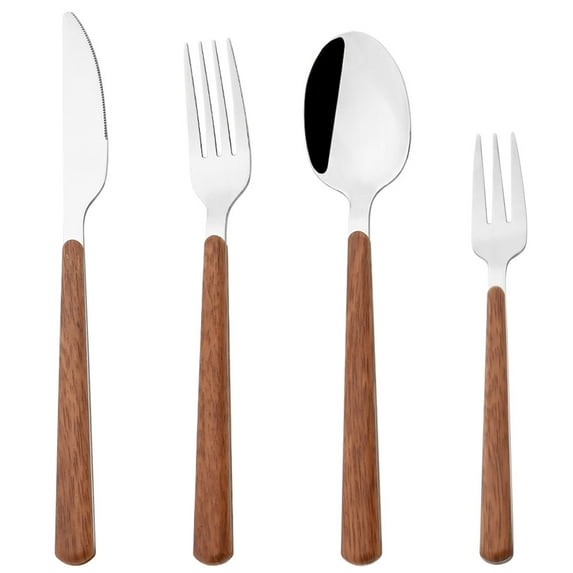Western Cutlery Set Stainless Steel Imitation Wood Handle Dinnerware 1/2/3/4/6 Tableware Set Knife Fork Spoon Silverware Set (BrownSilver,2 Set)