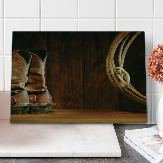 Western Cutting Board, American Style Cowboy Wild West Culture Sports Team Roping Barn Print, Decorative Tempered Glass Cutting and Serving Board, Large Size, Umber Brown, by Ambesonne