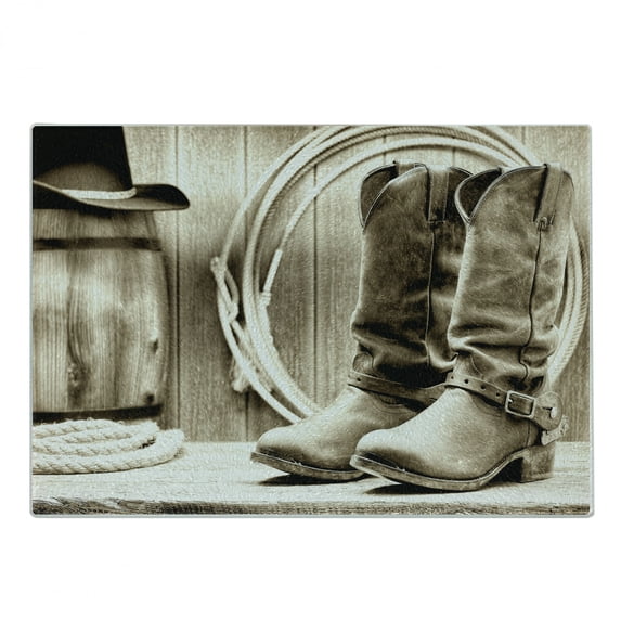 Western Cutting Board, American West Themed Photograph Focused on Boots in Front of Cask and Ropes, Decorative Tempered Glass Cutting and Serving Board, Small Size, Sepia and Beige, by Ambesonne