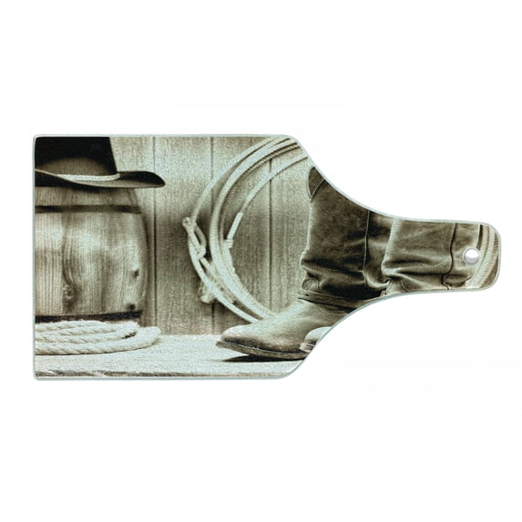 Western Cutting Board, American West Themed Photograph Focused on Boots in Front of Cask and Ropes, Tempered Glass Cutting and Serving Board, Wine Bottle Shape, Sepia and Beige, by Ambesonne
