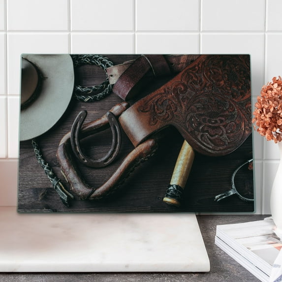 Western Cutting Board, Clothes and Accessories for Horse Riding with Rural Details Wild Sports Themed Art, Decorative Tempered Glass Cutting and Serving Board, Large Size, Brown, by Ambesonne