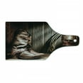 thumbnail image 1 of Western Cutting Board, Cowboys and Lantern on a Dallas Bench in Vintage Ranch Nostalgic Folkloric Photograph, Tempered Glass Cutting and Serving Board, Wine Bottle Shape, Brown, by Ambesonne, 1 of 1