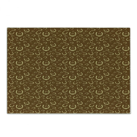 Western Cutting Board, Horse Shoe Motif Vintage Pattern with Star Barn Lucky Symbol Illustration, Decorative Tempered Glass Cutting and Serving Board, Small Size, Pale Yellow Brown, by Ambesonne