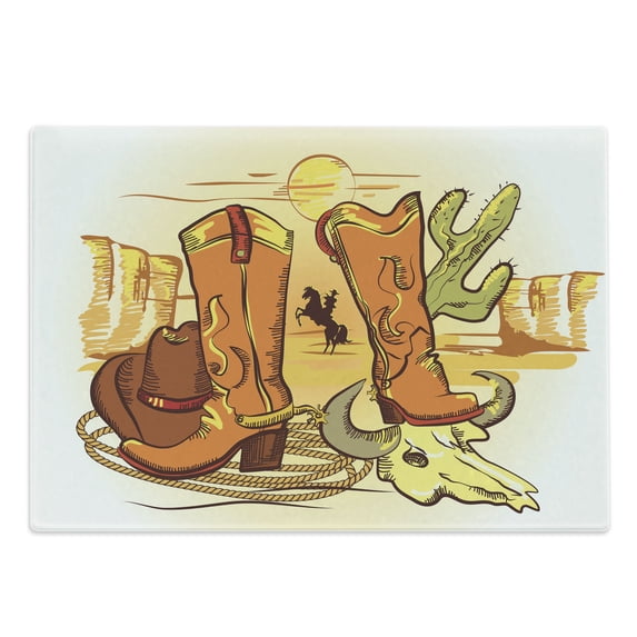 Western Cutting Board, Illustration Old Wild West Elements Rope Shoes and Image of Cowboy Print, Decorative Tempered Glass Cutting and Serving Board, Large Size, Yellow Orange, by Ambesonne