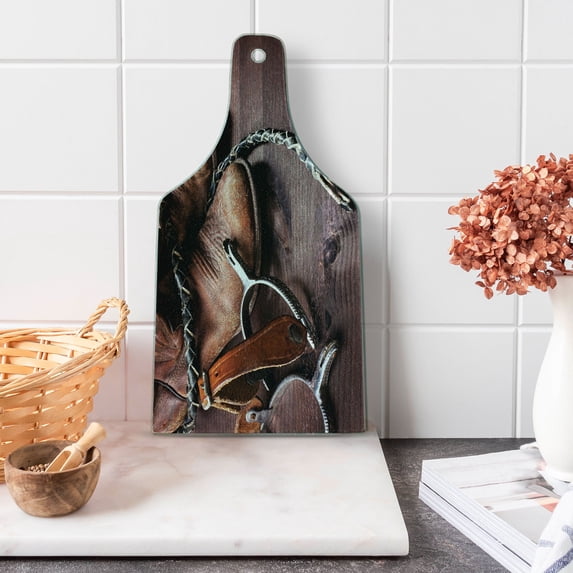 Western Cutting Board, Old Leather Boots and Spurs Rustic Rodeo Equipment USA Style Art Picture Print, Decorative Tempered Glass Cutting and Serving Board, Wine Bottle Shape, Brown, by Ambesonne