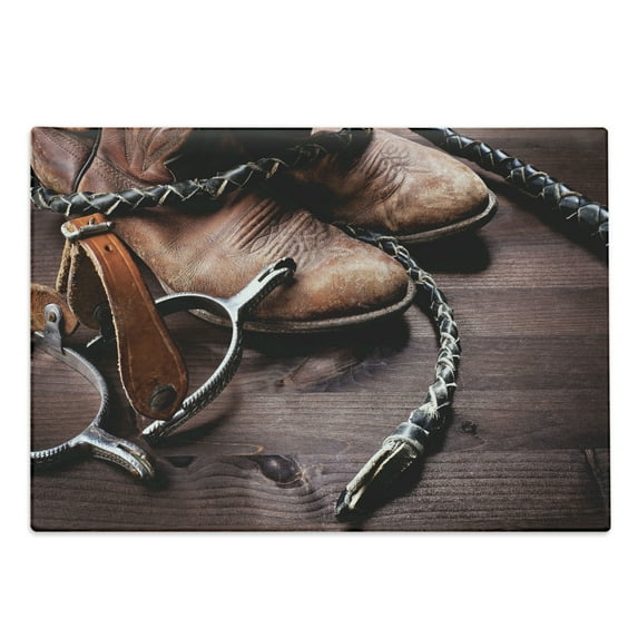 Western Cutting Board, Old Leather Boots and Spurs Rustic Rodeo Equipment USA Style Art Picture Print, Decorative Tempered Glass Cutting and Serving Board, Large Size, Brown, by Ambesonne