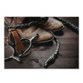 thumbnail image 1 of Western Cutting Board, Old Leather Boots and Spurs Rustic Rodeo Equipment USA Style Art Picture Print, Decorative Tempered Glass Cutting and Serving Board, Small Size, Brown, by Ambesonne, 1 of 1