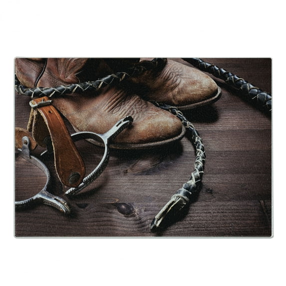 Western Cutting Board, Old Leather Boots and Spurs Rustic Rodeo Equipment USA Style Art Picture Print, Decorative Tempered Glass Cutting and Serving Board, Small Size, Brown, by Ambesonne
