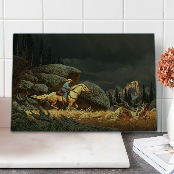Western Cutting Board, Rock Mountain Landscape Cowboy Riding Horse NorthmericStyle, Decorative Tempered Glass Cutting and Serving Board, Large Size, Earth Yellow Grey, by Ambesonne