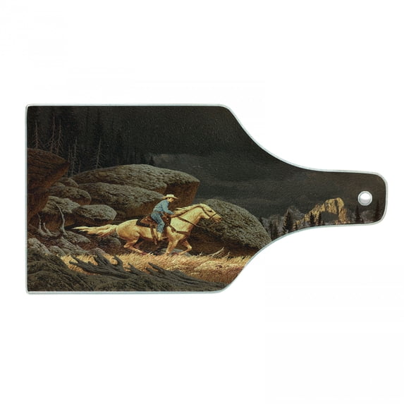 Western Cutting Board, Rock Mountain Landscape Cowboy Riding Horse NorthmericStyle, Decorative Tempered Glass Cutting and Serving Board, Wine Bottle Shape, Earth Yellow Grey, by Ambesonne