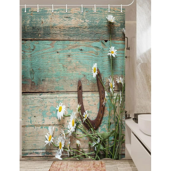 Western Daisy Shower Curtain, Rustic Teal Wooden Farmhouse Shower Curtain, Rusty Horseshoe for Travel Trailer Camping Stall Shower Curtain, Small Size Shower Cutain, Hooks Include 47x64