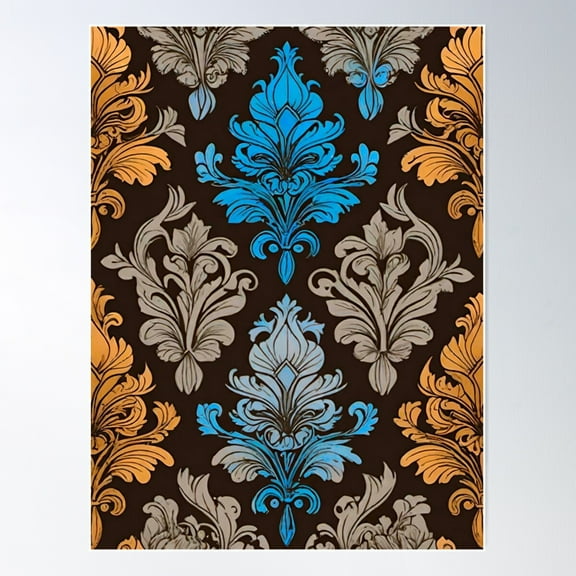 Western Damask Pattern Tan With Blue Accents Poster Wall Art, Modern Wall Decor For Living Room Bedroom, 12x18 UNFRAMED